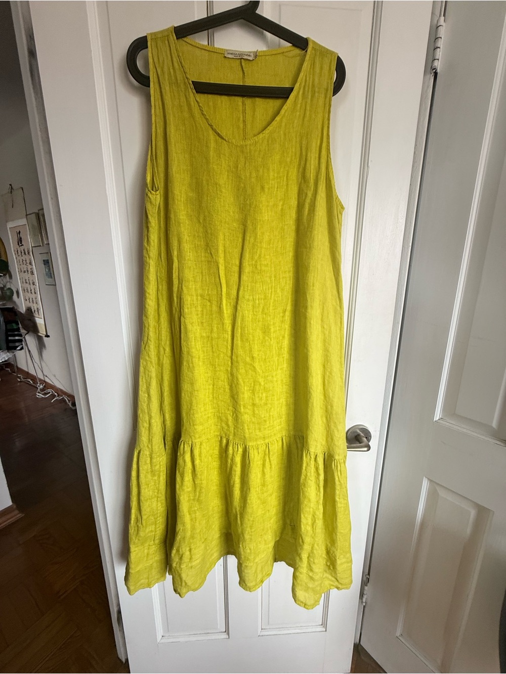 Vanessa Alexandra Linen Midi  Dress Yellow Made in Italy Ruffle Hem Size M Boho